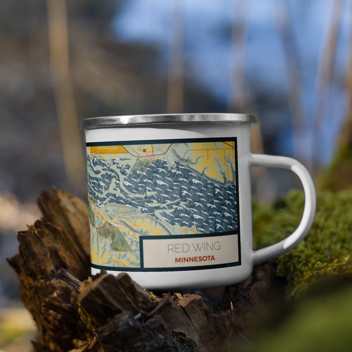 Right View Custom Red Wing Minnesota Map Enamel Mug in Woodblock on Grass With Trees in Background