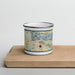 Front View Custom Red Wing Minnesota Map Enamel Mug in Woodblock on Cutting Board