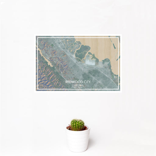12x18 Redwood City California Map Print Landscape Orientation in Afternoon Style With Small Cactus Plant in White Planter