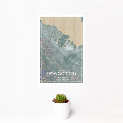 12x18 Redwood City California Map Print Portrait Orientation in Afternoon Style With Small Cactus Plant in White Planter