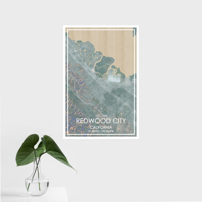 16x24 Redwood City California Map Print Portrait Orientation in Afternoon Style With Tropical Plant Leaves in Water