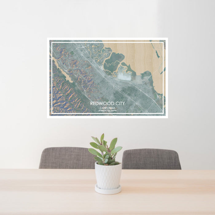 24x36 Redwood City California Map Print Lanscape Orientation in Afternoon Style Behind 2 Chairs Table and Potted Plant
