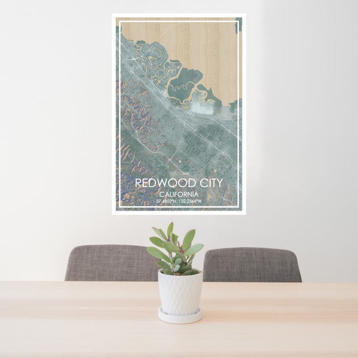 24x36 Redwood City California Map Print Portrait Orientation in Afternoon Style Behind 2 Chairs Table and Potted Plant