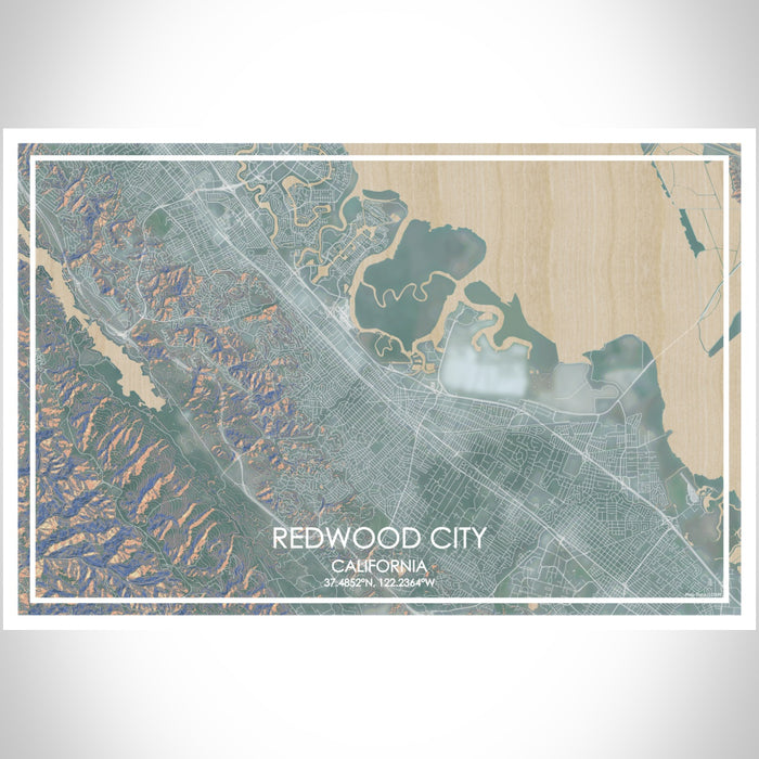 Redwood City California Map Print Landscape Orientation in Afternoon Style With Shaded Background
