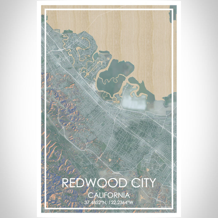 Redwood City California Map Print Portrait Orientation in Afternoon Style With Shaded Background