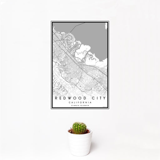 12x18 Redwood City California Map Print Portrait Orientation in Classic Style With Small Cactus Plant in White Planter