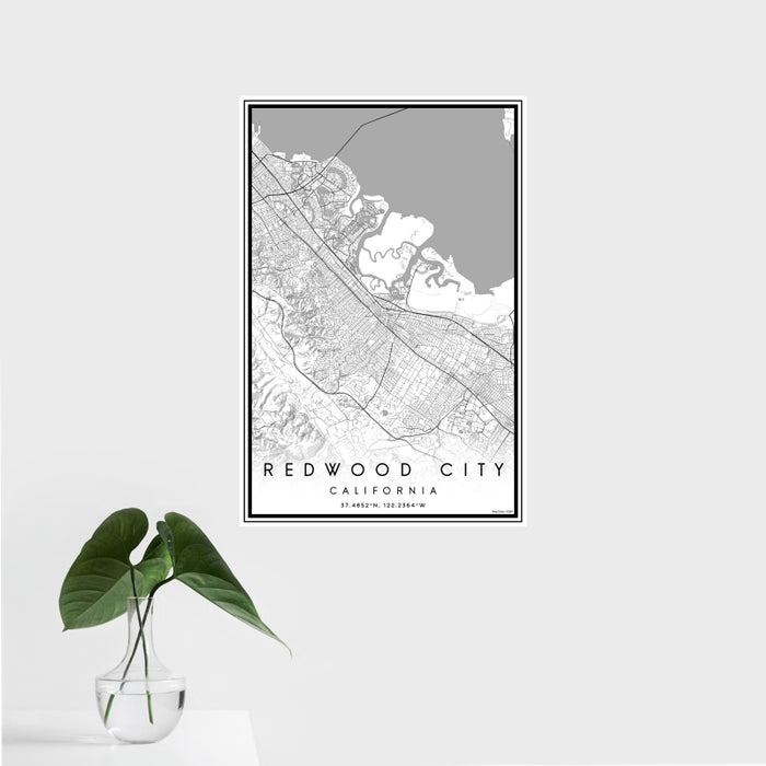 16x24 Redwood City California Map Print Portrait Orientation in Classic Style With Tropical Plant Leaves in Water