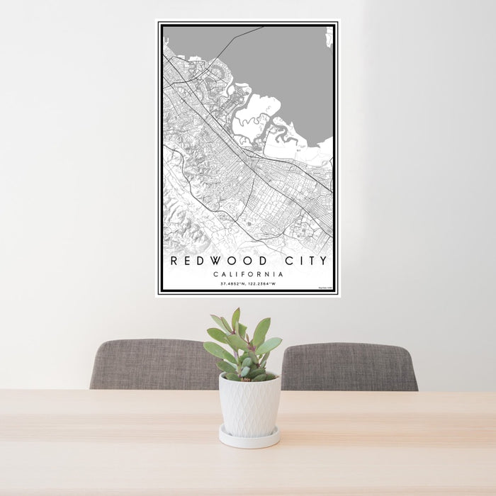 24x36 Redwood City California Map Print Portrait Orientation in Classic Style Behind 2 Chairs Table and Potted Plant
