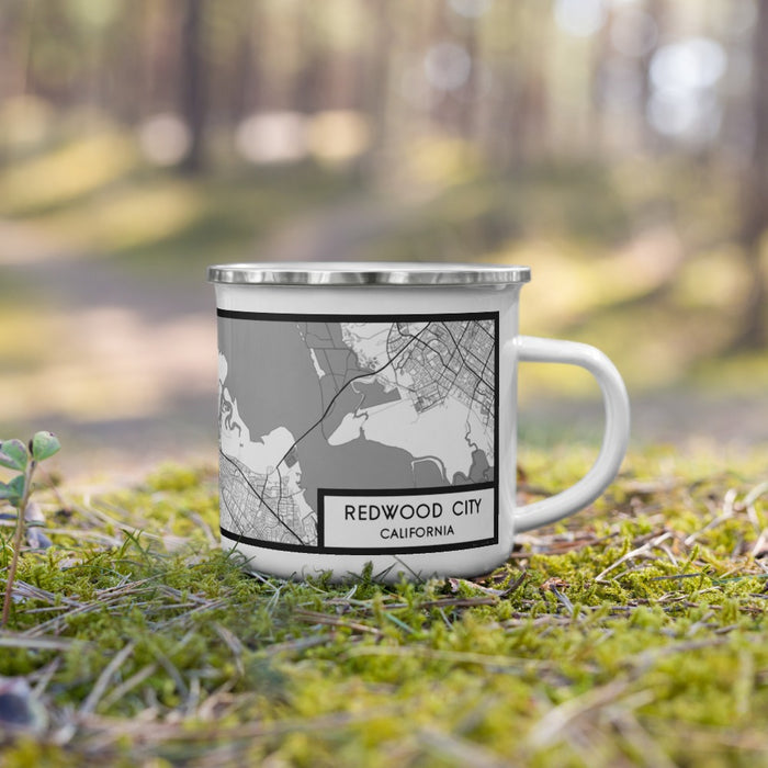Right View Custom Redwood City California Map Enamel Mug in Classic on Grass With Trees in Background