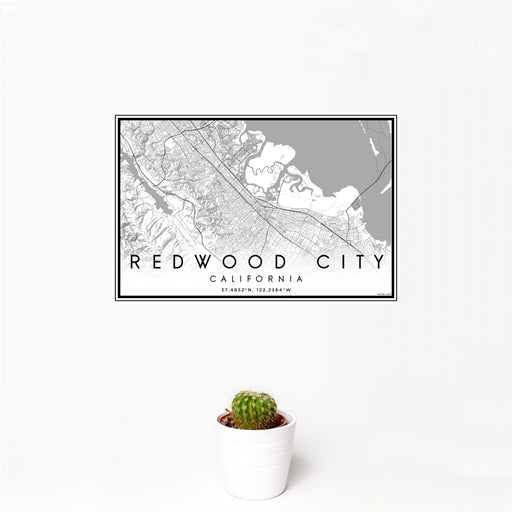 12x18 Redwood City California Map Print Landscape Orientation in Classic Style With Small Cactus Plant in White Planter