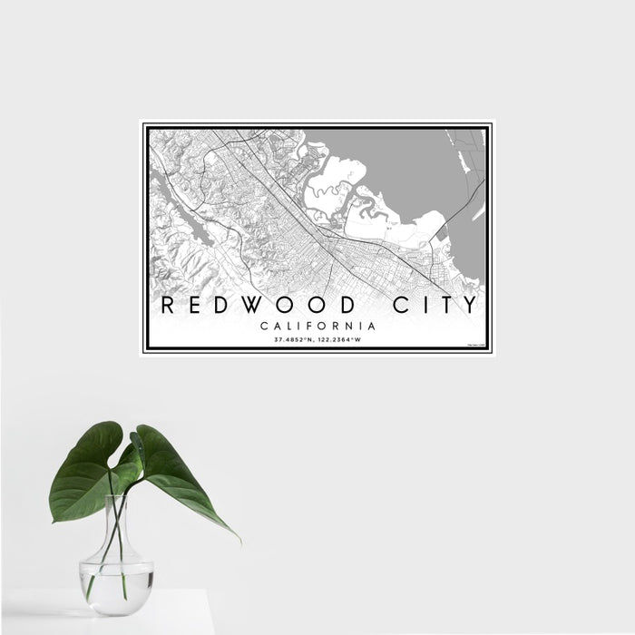 16x24 Redwood City California Map Print Landscape Orientation in Classic Style With Tropical Plant Leaves in Water
