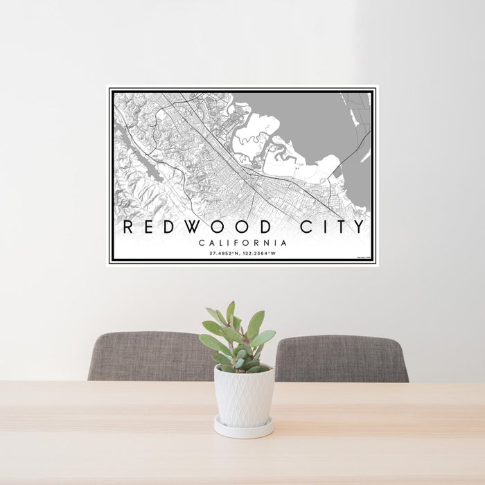 24x36 Redwood City California Map Print Landscape Orientation in Classic Style Behind 2 Chairs Table and Potted Plant