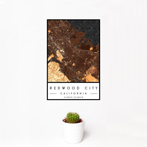 12x18 Redwood City California Map Print Portrait Orientation in Ember Style With Small Cactus Plant in White Planter