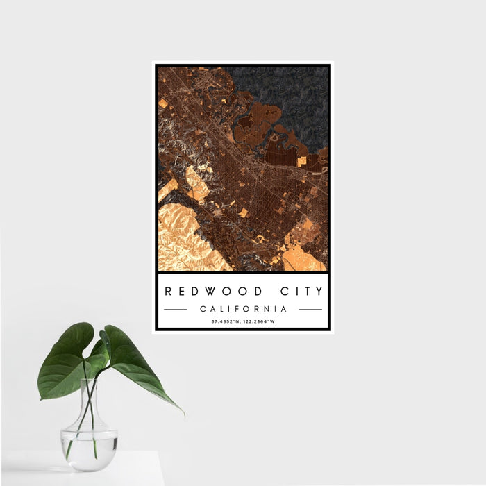 16x24 Redwood City California Map Print Portrait Orientation in Ember Style With Tropical Plant Leaves in Water