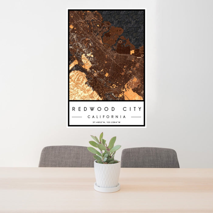 24x36 Redwood City California Map Print Portrait Orientation in Ember Style Behind 2 Chairs Table and Potted Plant