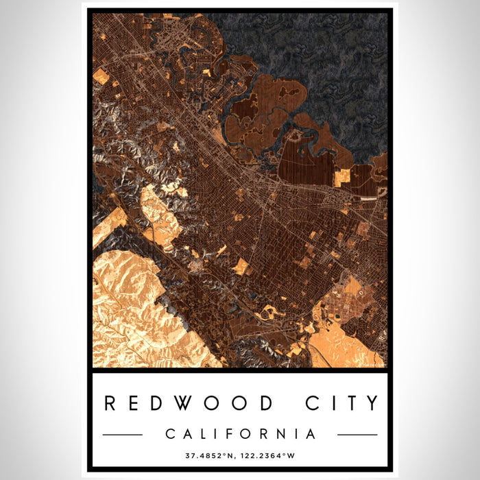 Redwood City California Map Print Portrait Orientation in Ember Style With Shaded Background