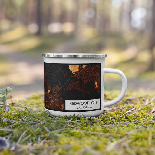 Right View Custom Redwood City California Map Enamel Mug in Ember on Grass With Trees in Background