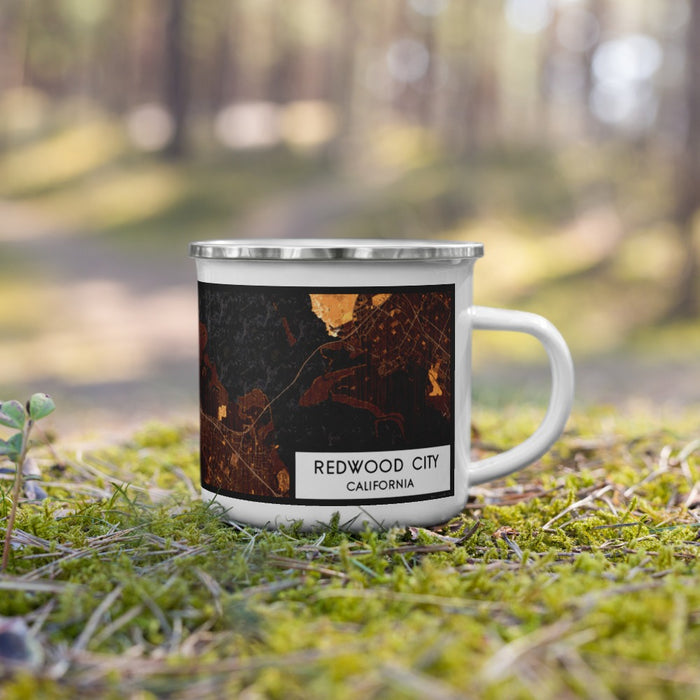 Right View Custom Redwood City California Map Enamel Mug in Ember on Grass With Trees in Background