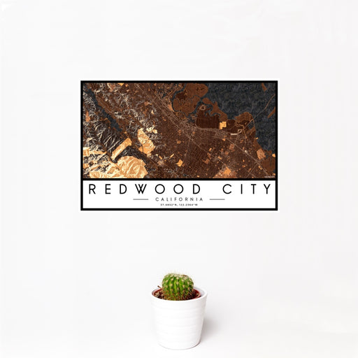 12x18 Redwood City California Map Print Landscape Orientation in Ember Style With Small Cactus Plant in White Planter