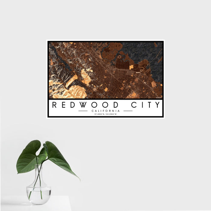 16x24 Redwood City California Map Print Landscape Orientation in Ember Style With Tropical Plant Leaves in Water
