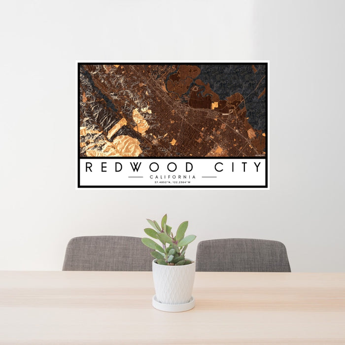 24x36 Redwood City California Map Print Landscape Orientation in Ember Style Behind 2 Chairs Table and Potted Plant
