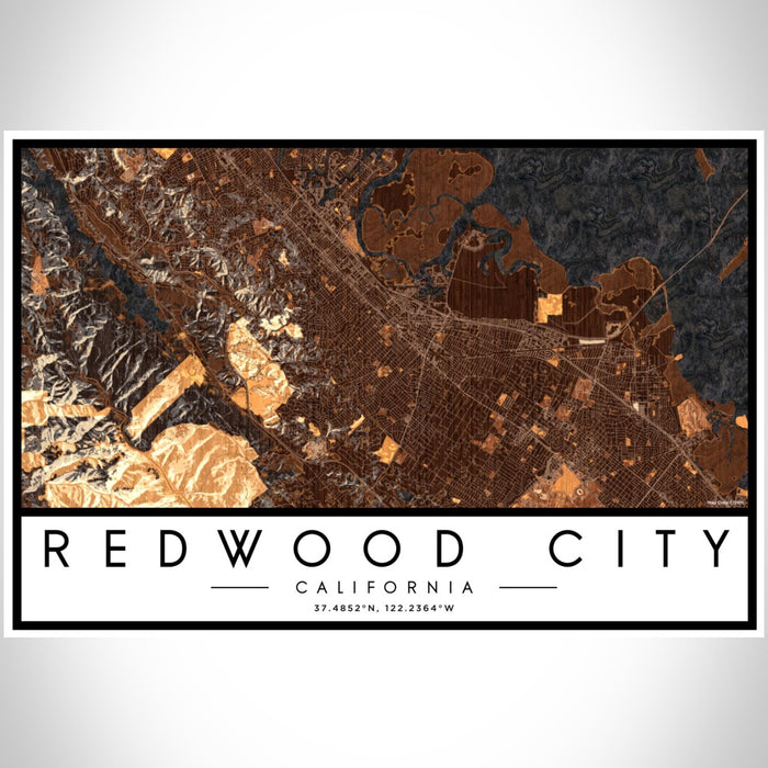 Redwood City California Map Print Landscape Orientation in Ember Style With Shaded Background