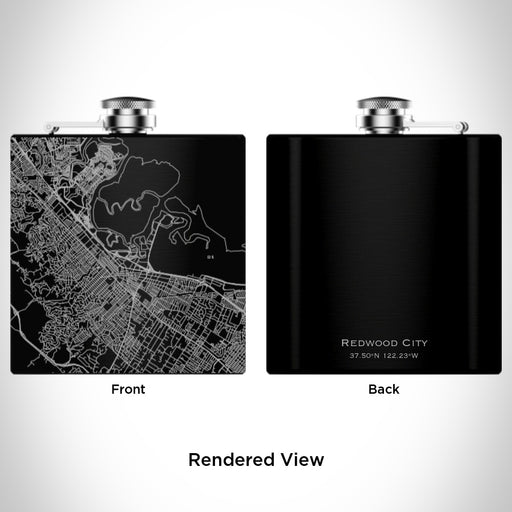 Rendered View of Redwood City California Map Engraving on 6oz Stainless Steel Flask in Black