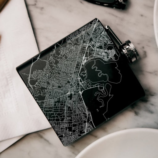 Redwood City California Custom Engraved City Map Inscription Coordinates on 6oz Stainless Steel Flask in Black
