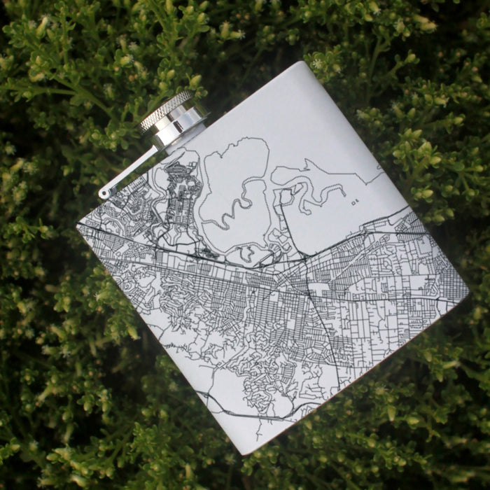 Redwood City California Custom Engraved City Map Inscription Coordinates on 6oz Stainless Steel Flask in White