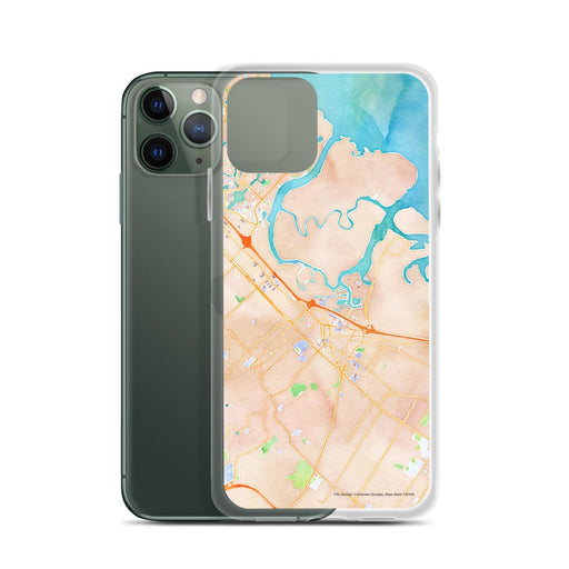 Custom Redwood City California Map Phone Case in Watercolor on Table with Laptop and Plant