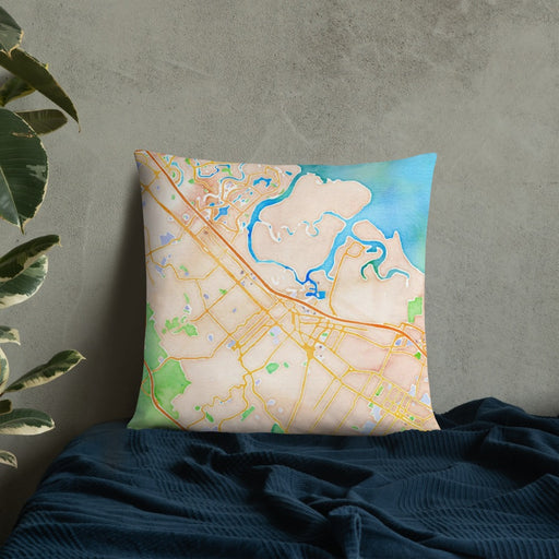 Custom Redwood City California Map Throw Pillow in Watercolor on Bedding Against Wall