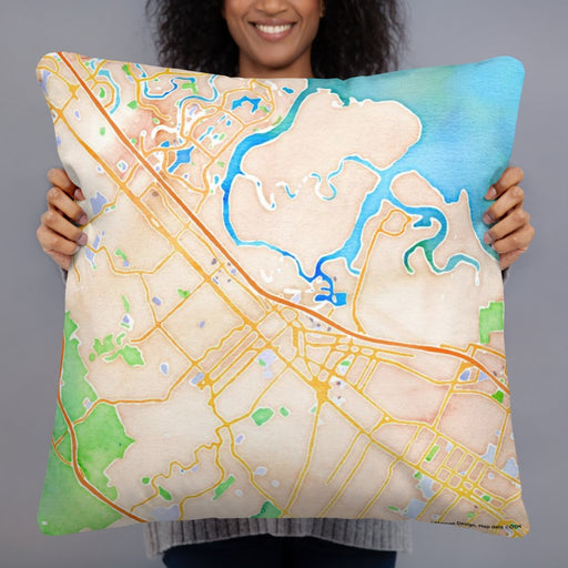 Person holding 22x22 Custom Redwood City California Map Throw Pillow in Watercolor