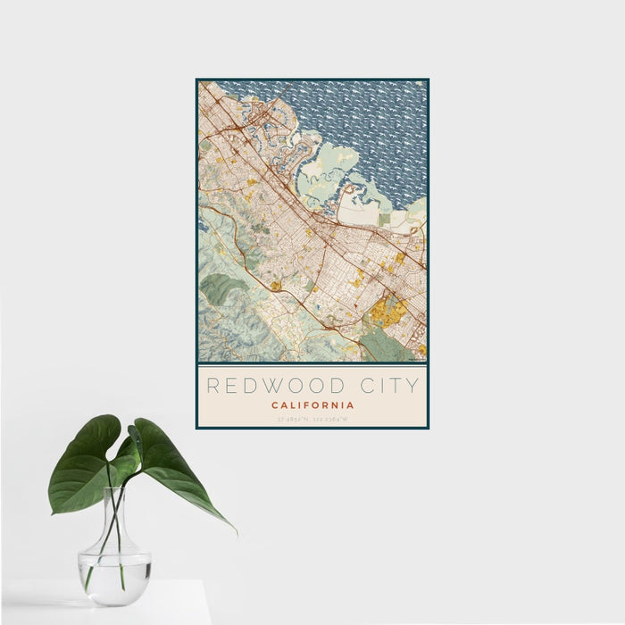 16x24 Redwood City California Map Print Portrait Orientation in Woodblock Style With Tropical Plant Leaves in Water