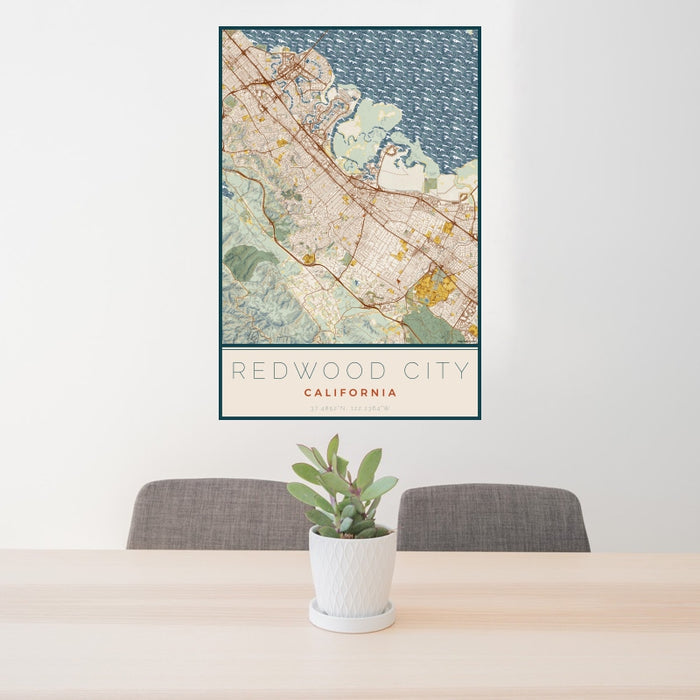 24x36 Redwood City California Map Print Portrait Orientation in Woodblock Style Behind 2 Chairs Table and Potted Plant