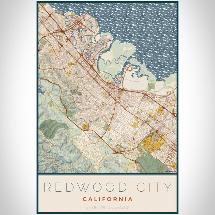 Redwood City California Map Print Portrait Orientation in Woodblock Style With Shaded Background
