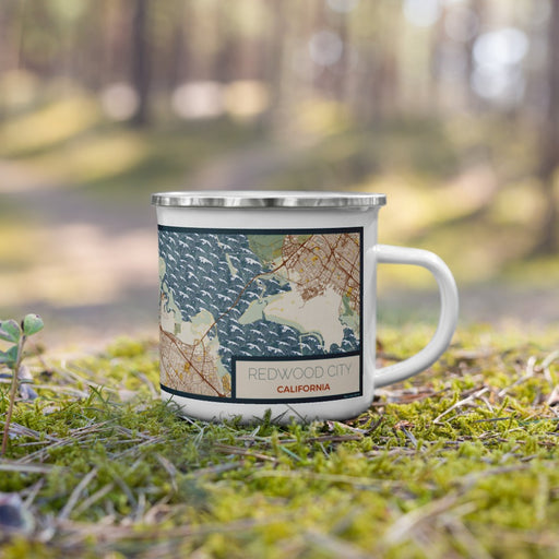 Right View Custom Redwood City California Map Enamel Mug in Woodblock on Grass With Trees in Background