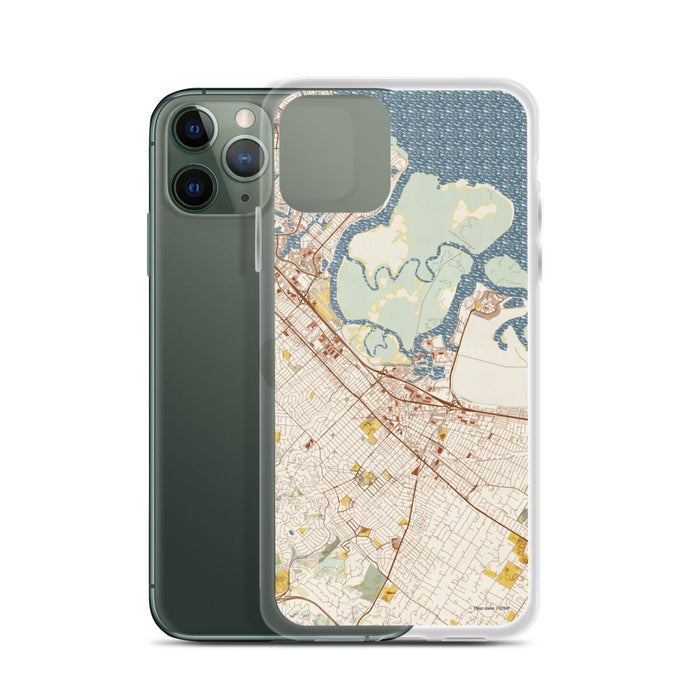 Custom Redwood City California Map Phone Case in Woodblock on Table with Laptop and Plant