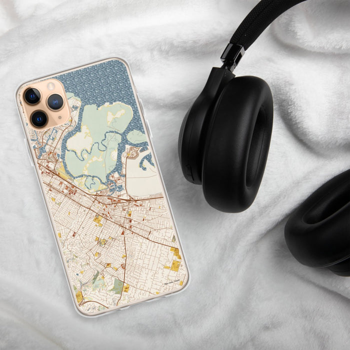 Custom Redwood City California Map Phone Case in Woodblock on Table with Black Headphones