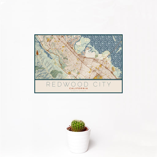 12x18 Redwood City California Map Print Landscape Orientation in Woodblock Style With Small Cactus Plant in White Planter