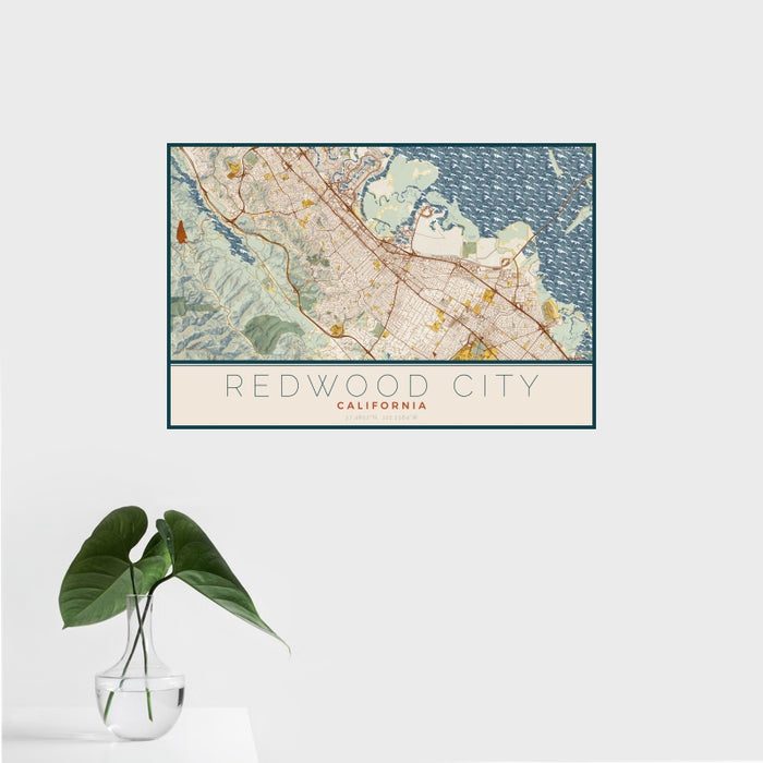 16x24 Redwood City California Map Print Landscape Orientation in Woodblock Style With Tropical Plant Leaves in Water