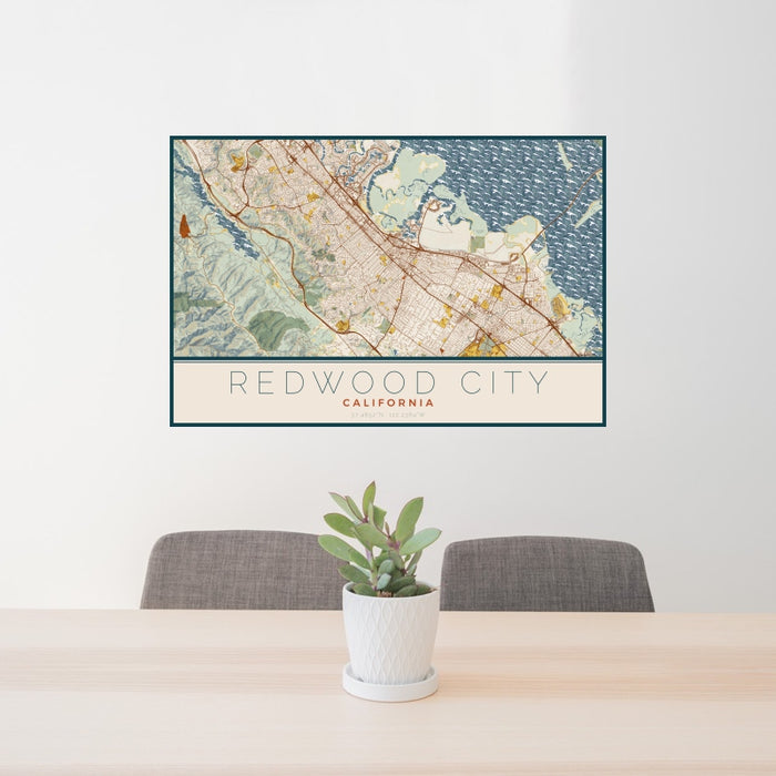 24x36 Redwood City California Map Print Landscape Orientation in Woodblock Style Behind 2 Chairs Table and Potted Plant