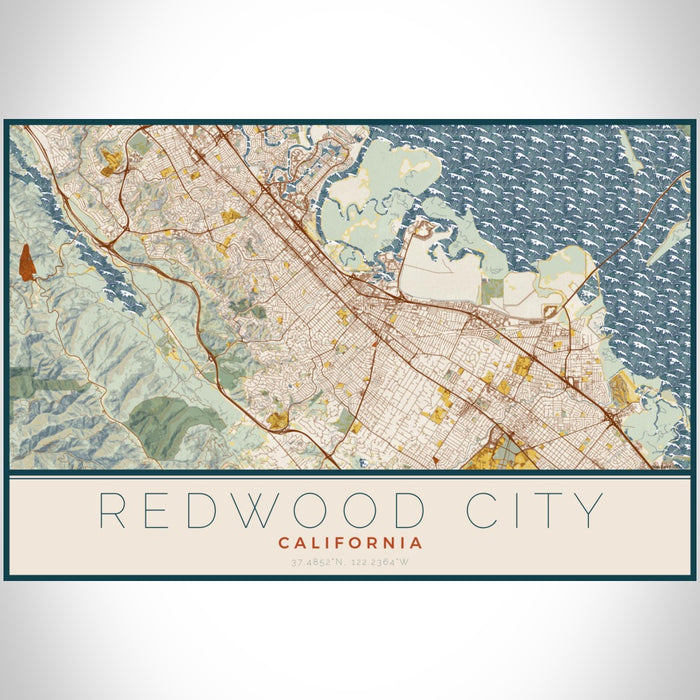 Redwood City California Map Print Landscape Orientation in Woodblock Style With Shaded Background