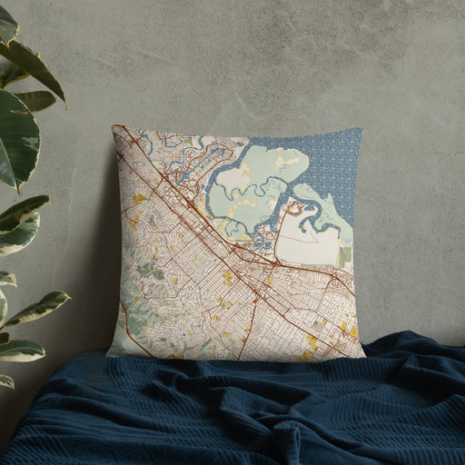 Custom Redwood City California Map Throw Pillow in Woodblock on Bedding Against Wall