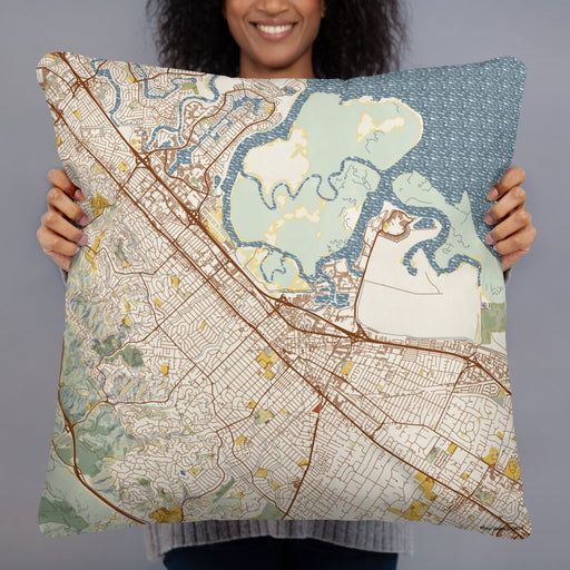 Person holding 22x22 Custom Redwood City California Map Throw Pillow in Woodblock
