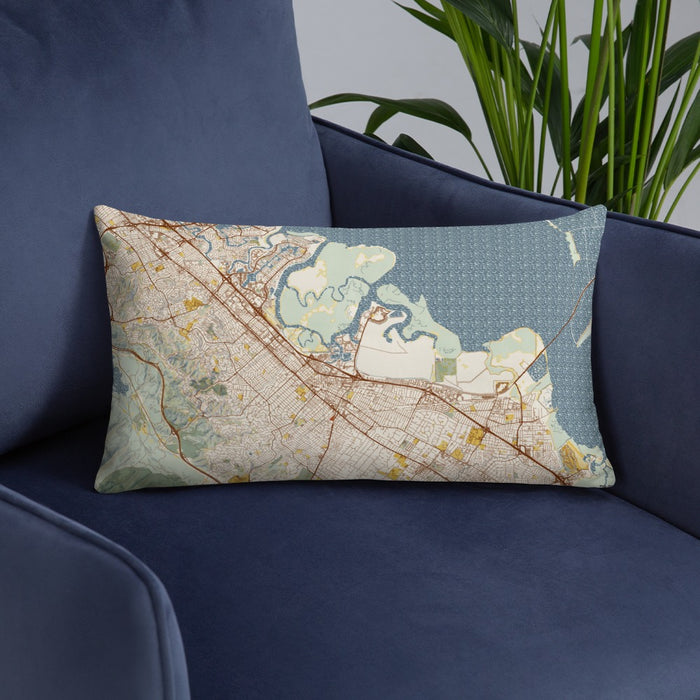 Custom Redwood City California Map Throw Pillow in Woodblock on Blue Colored Chair