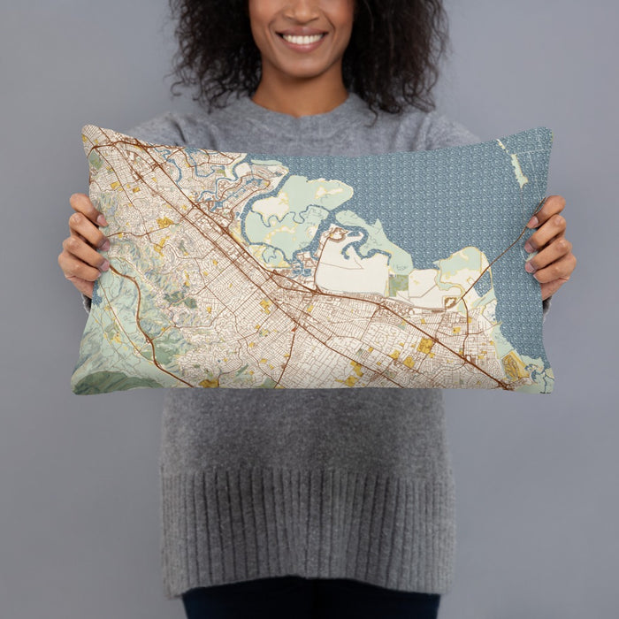Person holding 20x12 Custom Redwood City California Map Throw Pillow in Woodblock