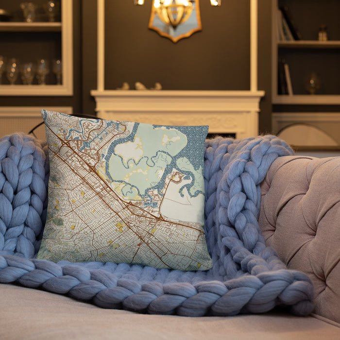 Custom Redwood City California Map Throw Pillow in Woodblock on Cream Colored Couch