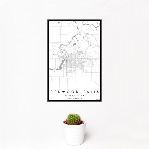 12x18 Redwood Falls Minnesota Map Print Portrait Orientation in Classic Style With Small Cactus Plant in White Planter