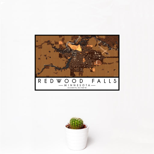 12x18 Redwood Falls Minnesota Map Print Landscape Orientation in Ember Style With Small Cactus Plant in White Planter
