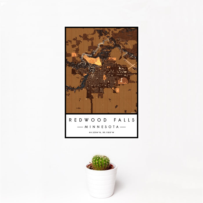 12x18 Redwood Falls Minnesota Map Print Portrait Orientation in Ember Style With Small Cactus Plant in White Planter